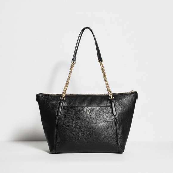 🔥 Coach Black Leather Chain Strap Tote | Gold Hardware Designer Bag - Picture 4 of 10